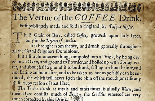 An advertisement for Pasqua Rosee’s coffee shop c. 1652