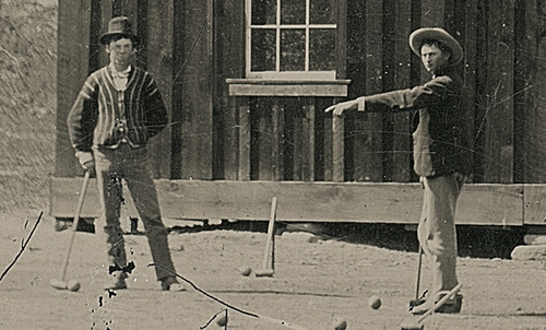 A photograph purporting to show Billy the Kid (left) and a friend playing croquet, 1878