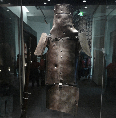 Ned Kelly's armour on display in the State Library of Victoria