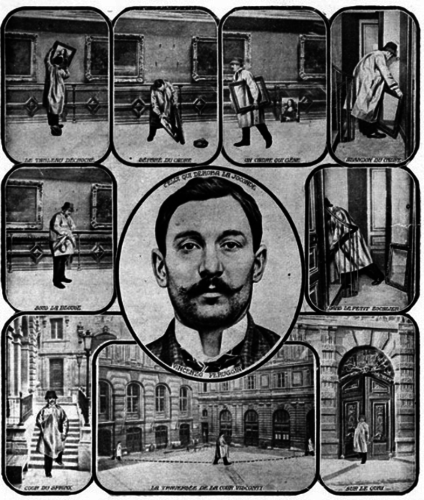 A newspaper depiction of Vincenzo Peruggia stealing the Mona Lisa 
