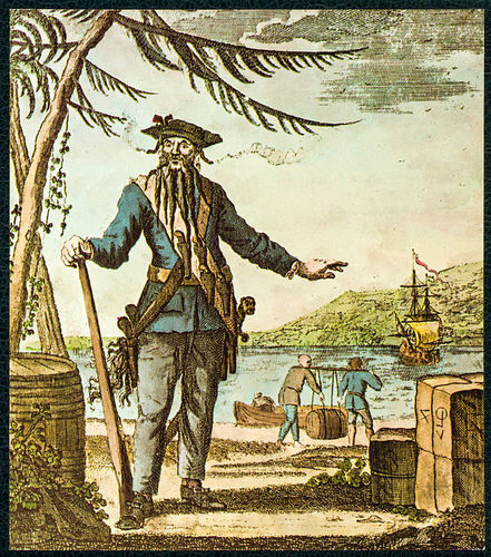 An engraving of Blackbeard from 1736