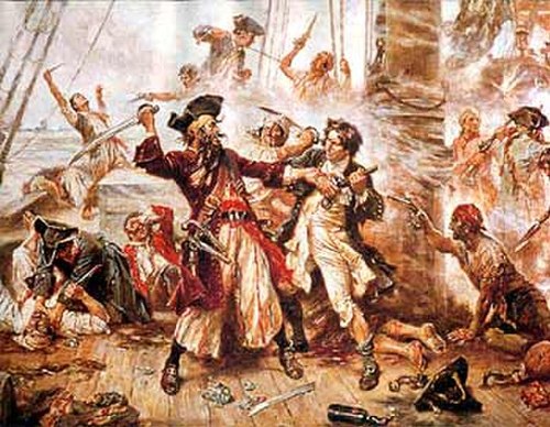 Capture of the Pirate, Blackbeard, 1718 depicting the battle between Blackbeard the Pirate and Lieutenant Maynard