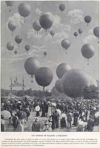 A depiction of the 1900 hot air balloon race.
