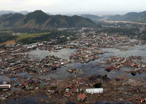 A devastated village after the 2004 tsunami. 
