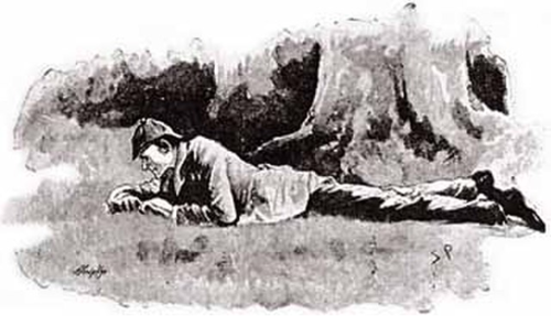 An illustration of Sherlock Holmes examining the ground for footprints in ‘The Boscombe Valley Mystery.’ 